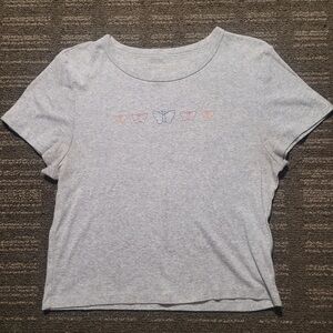American Eagle Outfitters Light Heather Gray Tee with Pastel Butterfly Row